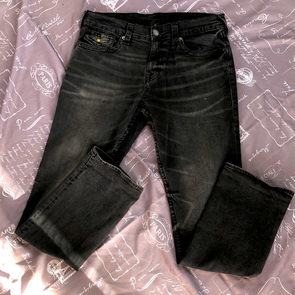 Black Men's True Religion, Ricky, 34x33, Black Distressed Denim Jeans